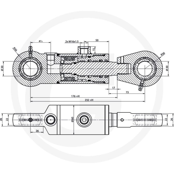 Siłownik hydrauliczny dwustronny UCHO-30mm zakres 430-630mm 687CJ25028200