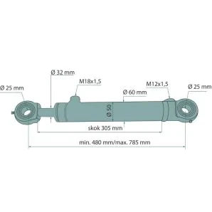 Siłownik hydrauliczny z uchem fi-25mm, jednostronnego działania, skok 305mm; CJ2D-P1-18-50/32/305w; wspomaganie podnośnika C-385; 86409908, 86409906 Hydrotor