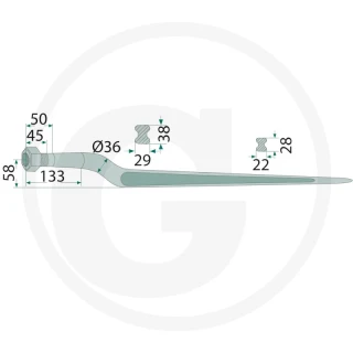 Palec ładowacza wygięty długi 880mm M22 Z nakrętką 67943018884
