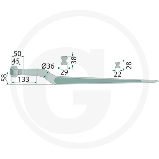 Palec ładowacza wygięty długi 880mm M22 Z nakrętką 67943018884