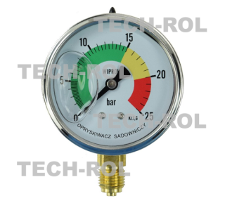 Manometr glicerynowy 0-25 bar, fi-63 mm; mocowanie dolne, gwint 1/4 cala; opryskiwacz sadowniczy