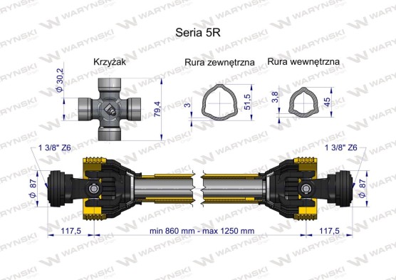Wał przegubowo teleskopowy 620Nm 860-1250mm 60250 CE 2020 seria 5R WARYŃSKI
