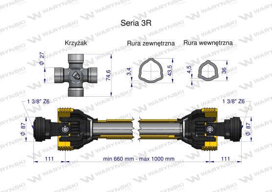 Wał przegubowo teleskopowy 460Nm 660-1000mm 50230 CE 2020 seria 3R WARYŃSKI WA46-61