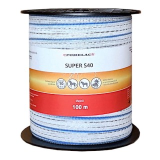 Taśma elektryzatora 40mm biało-niebieska SUPER 100m do ogrodzenia elektrycznego; 105-020-012 Pomelac