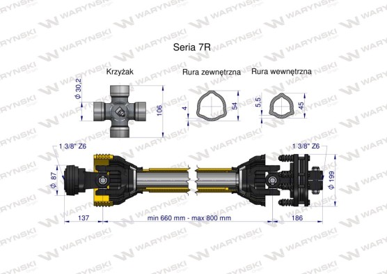 Wał przegubowo teleskopowy 970Nm 660-800mm sprzęgło cierne 1700Nm CE 2020 seria 7R WARYŃSKI