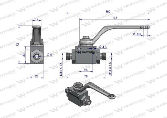 Zawór kulowy hydrauliczny 2-drogowy 2/2 M14x1.5 08L z otworami mocującymi 500 bar Waryński