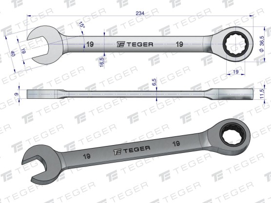 Klucz płasko-oczkowy z grzechotką 19 mm / Teger T-W-NWKPOG19