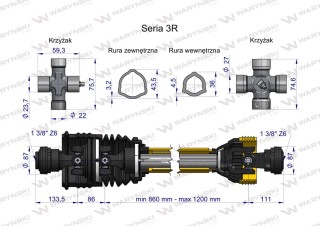 Wał przegubowo teleskopowy 460Nm 860-1200mm szerokokątny trójkąt W390B1860 seria 3R WARYŃSKI