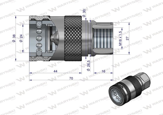 Szybkozłącze hydrauliczne gniazdo euro M18x1.5 gwint wewnętrzny z eliminatorem ciśnienia Waryński WIAM18MW-PPE
