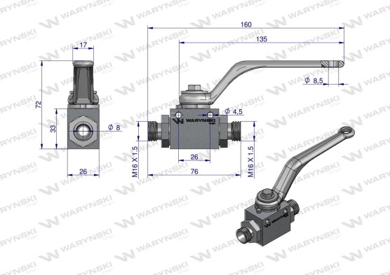 Zawór kulowy hydrauliczny 2 drożny M16x1.5 Waryński WKH-10L-M16X1.5