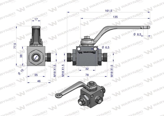 Zawór kulowy hydrauliczny 3 drożny M18x1,5 Waryński 500 bar 12L
