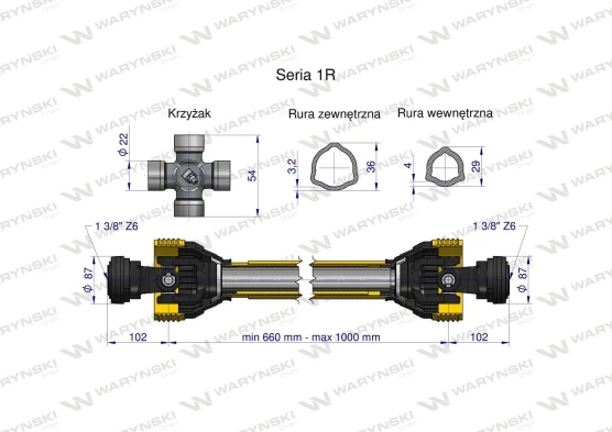 Wał przegubowo teleskopowy 210Nm 660-1000mm 10230 CE 2020 seria 1R WARYŃSKI WA21-61