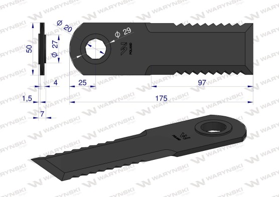 Nóż obrotowy rozdrabniacz słomy sieczkarnia 175x50x4mm otwór 20 zastosowanie 7558750 Claas Waryński