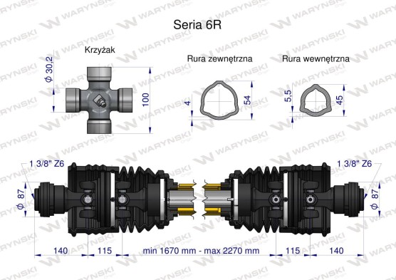 Wał przegubowo teleskopowy 830Nm 1670-2270mm szerokokątny z dwóch stron ce 2020 seria 6R Waryński W690901670