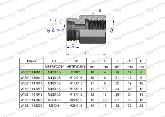 Tulejka różnicowa hydrauliczna metryczna AB M12x1.5 06L GZ x M10x1 GW Waryński