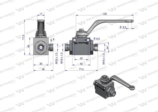 Zawór kulowy hydrauliczny 3 drożny M16x1,5 Waryński 500 bar 10L