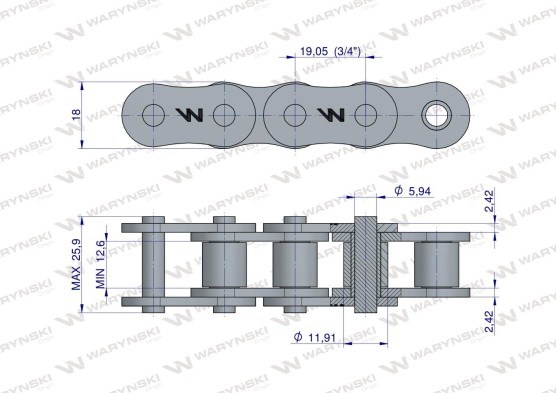 Łańcuch 12A-1 ANSI A 60 (R1 3/4) rolkowy wzmocniony 5m Waryński