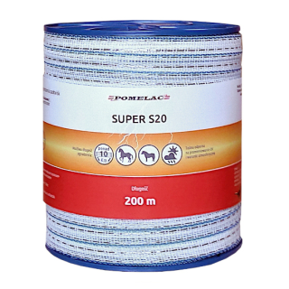 Taśma elektryzatora biało-niebieska SUPER S-20mm 200m do ogrodzenia elektrycznego; 105-020-011 Pomelac