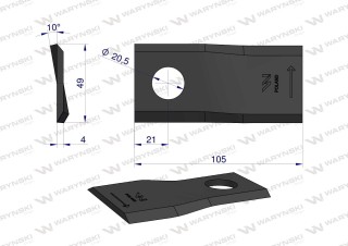 Nóż. nożyk kosiarka lewy 105x48x4mm otwór 20 zastosowanie 6801410 Kuhn WARYŃSKI