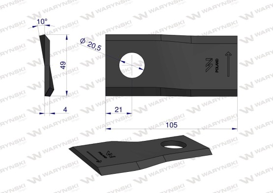 Nóż. nożyk kosiarka lewy 105x48x4mm otwór 20 zastosowanie 6801410 Kuhn WARYŃSKI