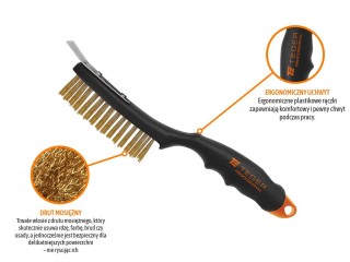 Szczotka druciana do rdzy PROFESSIONAL , drut mosiężny / 4 rzędowa, ze skrobakiem, z plastikową rączką, Teger