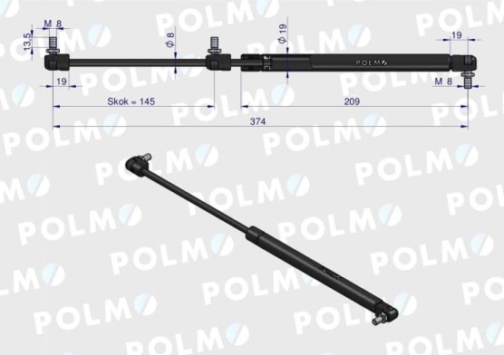 Sprężyna gazowa 150N 185-375mm  tylnej  65418006 renault Polmo