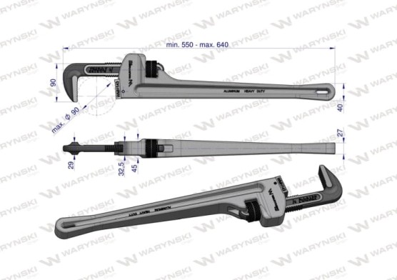 Klucz do rur typ amerykański 24" uchwyt aluminium wzmocniony szczęki CrMo max średnica Waryński