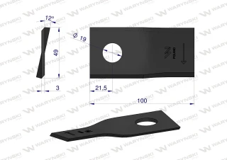 Nóż. nożyk kosiarka prawy 100x48x3mm otwór 19 zastosowanie 570419 Niemeyer WARYŃSKI