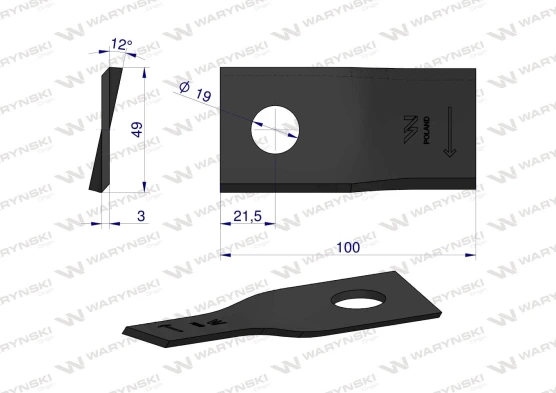 Nóż. nożyk kosiarka prawy 100x48x3mm otwór 19 zastosowanie 570419 Niemeyer WARYŃSKI