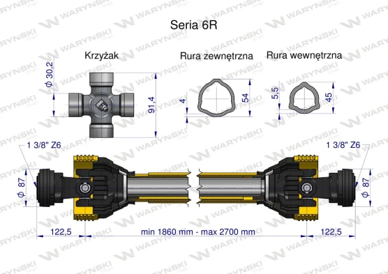 Wał przegubowo teleskopowy 830Nm 1860-2700mm CE 2020 seria 6R, Waryński