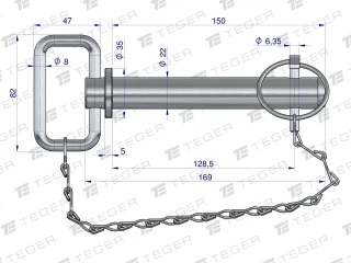 Sworzeń zaczepu z zawleczką i łańcuchem 22x128.5x150 TEGER
