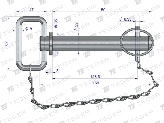 Sworzeń zaczepu z zawleczką i łańcuchem 22x128.5x150 TEGER