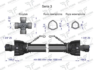Wał przegubowo teleskopowy 460Nm 660-1000mm 50230 CE 2020 seria 3R WA46-61, Royal Farm