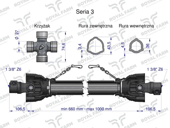 Wał przegubowo teleskopowy 460Nm 660-1000mm 50230 CE 2020 seria 3R WA46-61, Royal Farm