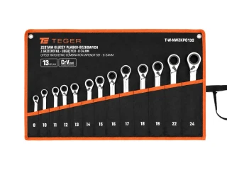 Zestaw kluczy płasko-oczkowych z grzechotką, odgiętych, 8-24 mm, 13 szt, Teger