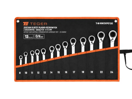Zestaw kluczy płasko-oczkowych z grzechotką, odgiętych, 8-24 mm, 13 szt, Teger