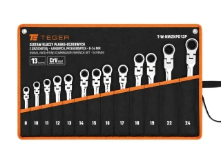 Zestaw kluczy płasko-oczkowych z grzechotką, łamanych, przegubowych, 8-24 mm, 13 szt, Teger