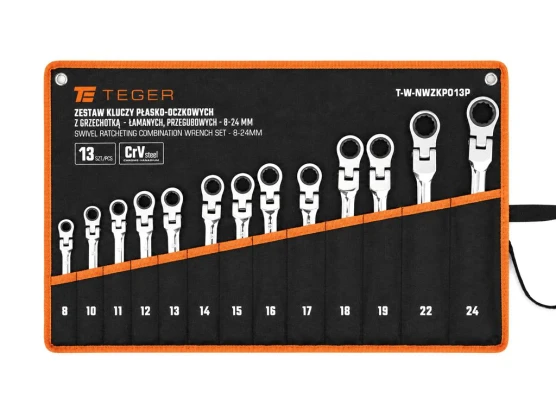 Zestaw kluczy płasko-oczkowych z grzechotką, łamanych, przegubowych, 8-24 mm, 13 szt, Teger