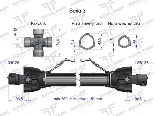Wał przegubowo teleskopowy 460Nm 760-1150mm 50240 CE 2020 seria 3R WA46-71 WA40-71, Royal Farm