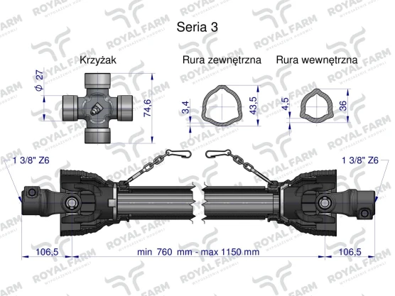 Wał przegubowo teleskopowy 460Nm 760-1150mm 50240 CE 2020 seria 3R WA46-71 WA40-71, Royal Farm